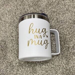 White Insulated Travel Mug with Gold 'Hug in a Mug' Script